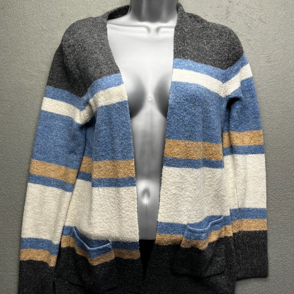 Old Navy Striped Open Front Cardigan Sweater Womens Small Blue Tan Gray Pockets
